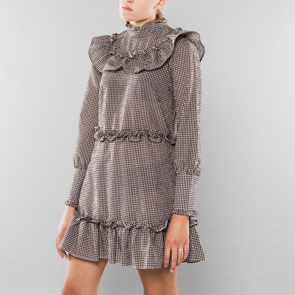 NWOT Ganni Charron Ruffle Black Gingham Mini Dress